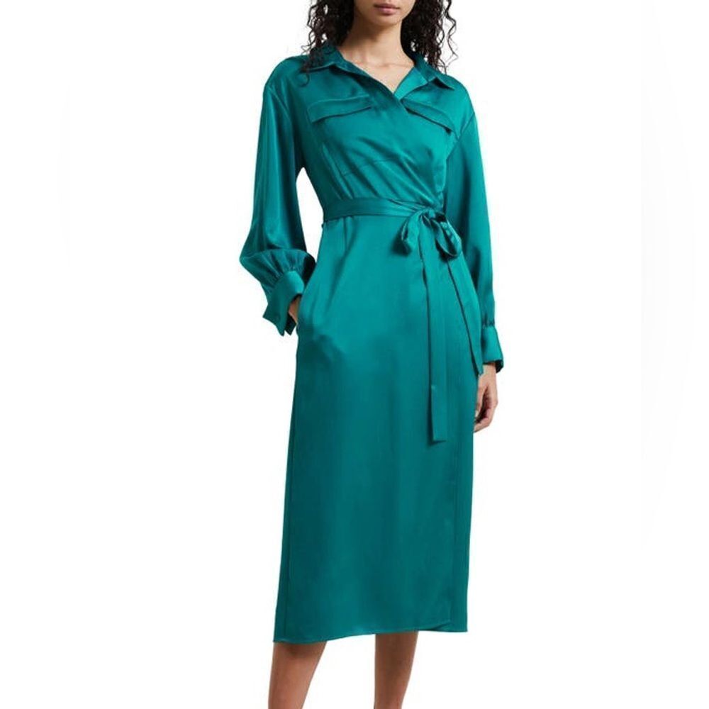 French Connection Harlow satin wrap midi dress in Deep Lake NWT